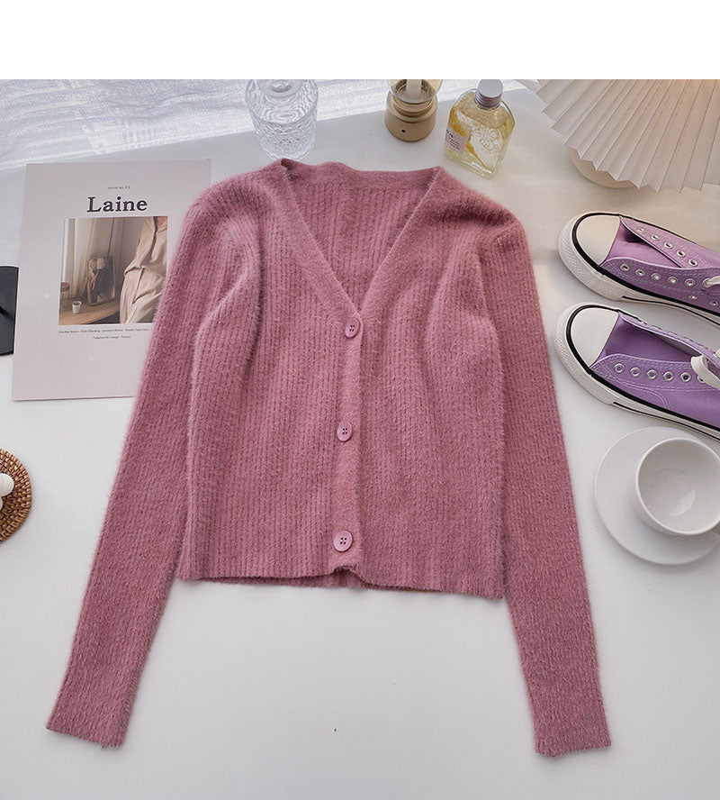Pull petit manteau style étranger polyvalent col en V haut à manches longues 6503