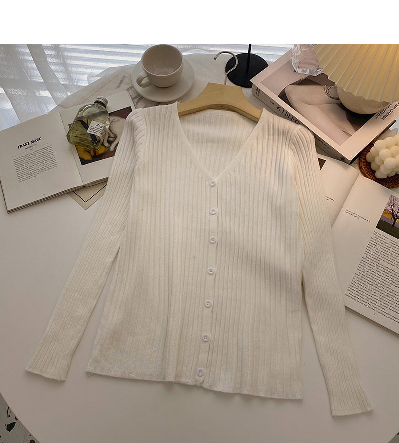 Knit cardigan slim slim V-Neck long sleeve top  6514