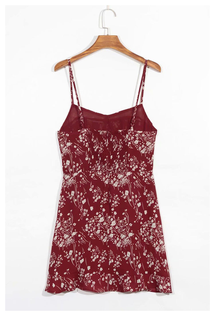 French retro floral waist closing sexy Ruffle Chiffon Dress  7056