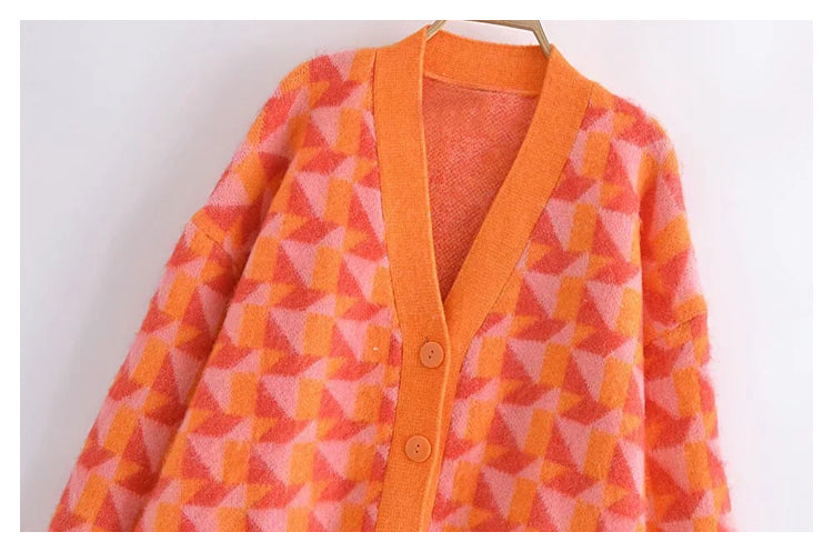 New geometric jacquard sweater jacket loose lazy cardigan  7414