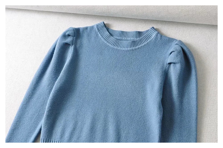 Round neck bubble sleeve elastic slim knit sweater  7444
