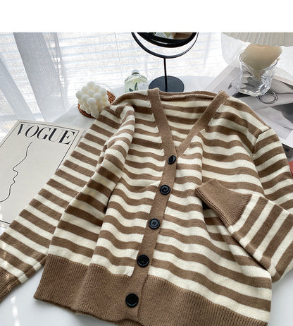 Cardigan tricoté à manches longues vintage à rayures et col en V, haut décontracté 6634