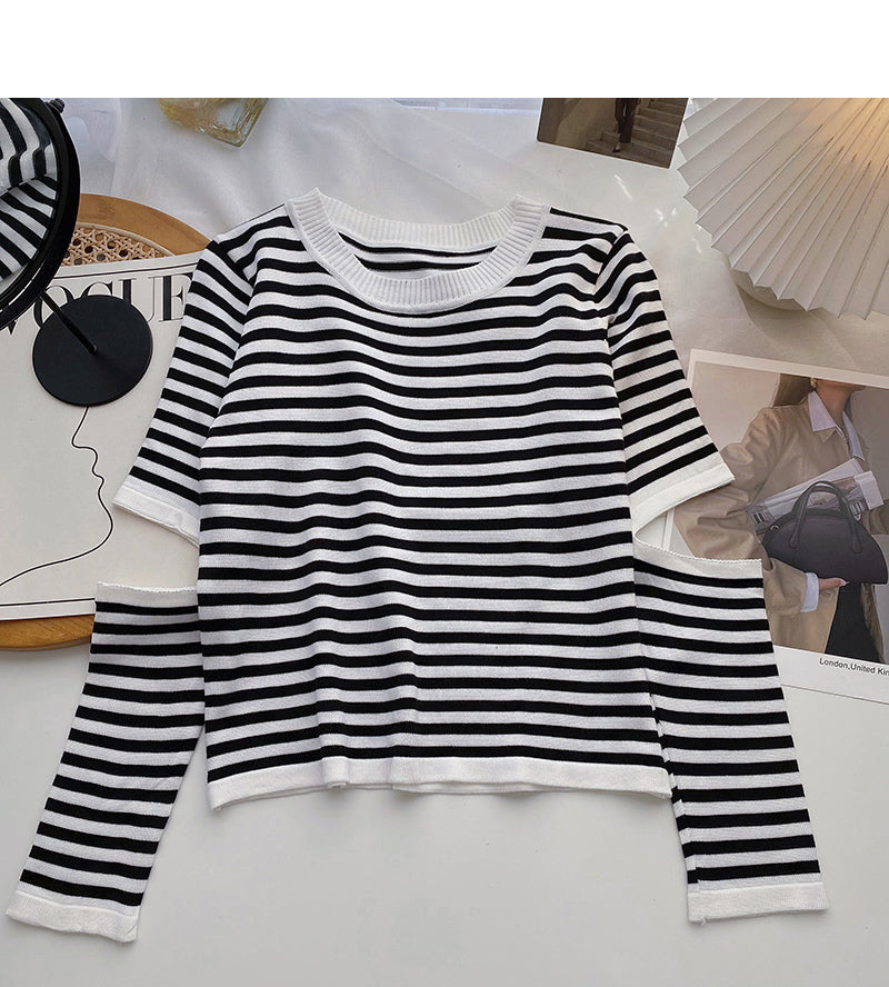 Design sense hollowed out long sleeve sweater slim striped top  6602