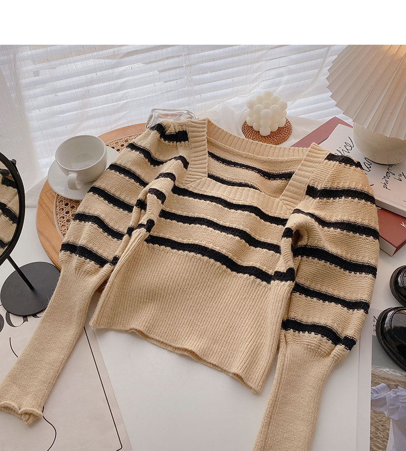 Square neck short lantern long sleeve slim top  6473