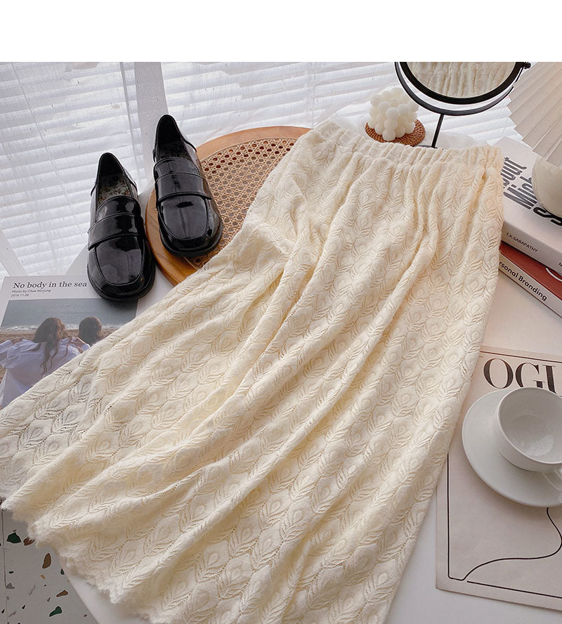 Hook flower hollow out lace A-shaped high waist skirt  5786