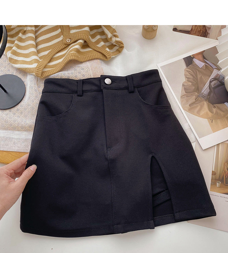 Design: slit wrap hip thin high waist black A-line skirt  5565