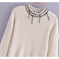 Crew neck curled sleeve stitched decorative sweater  7304