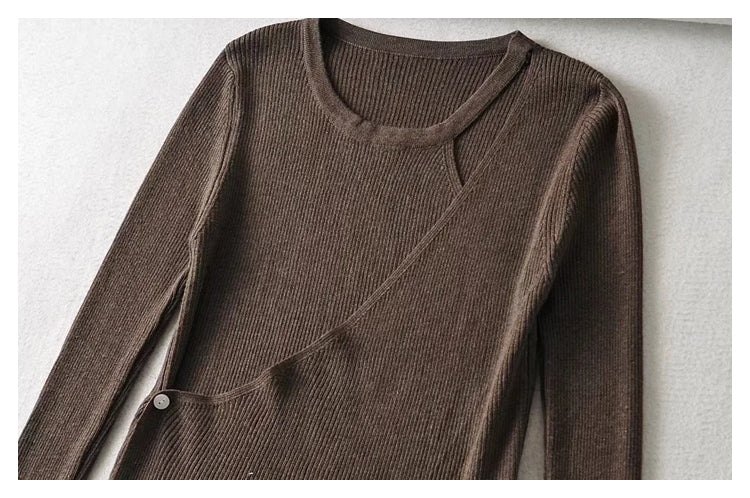 Design sense irregular round neck slim fit pure color versatile knitted cardigan  7367