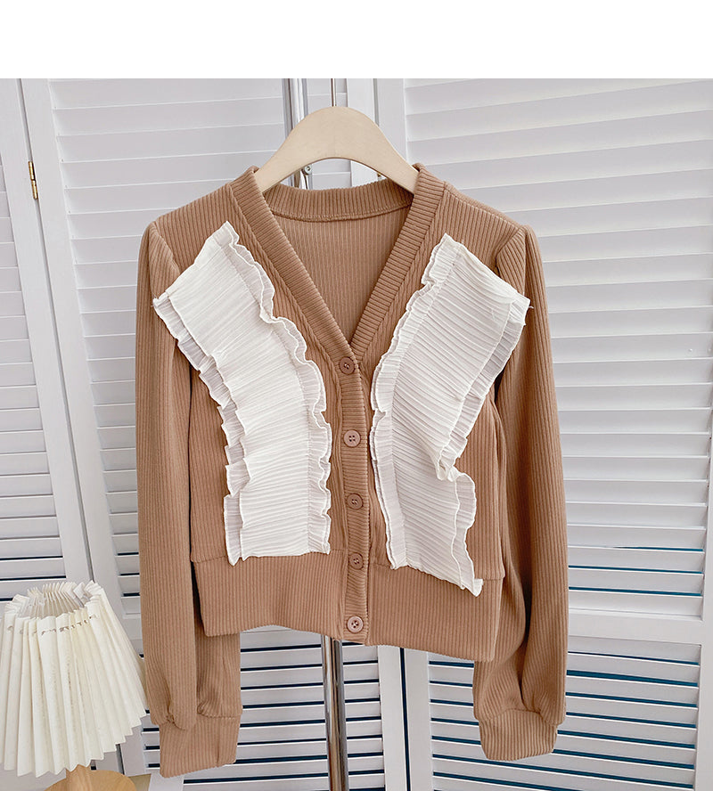 Cardigan chemise vintage à col en V en dentelle froncée 6408