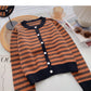 Single breasted crew neck striped sweater coat  5996