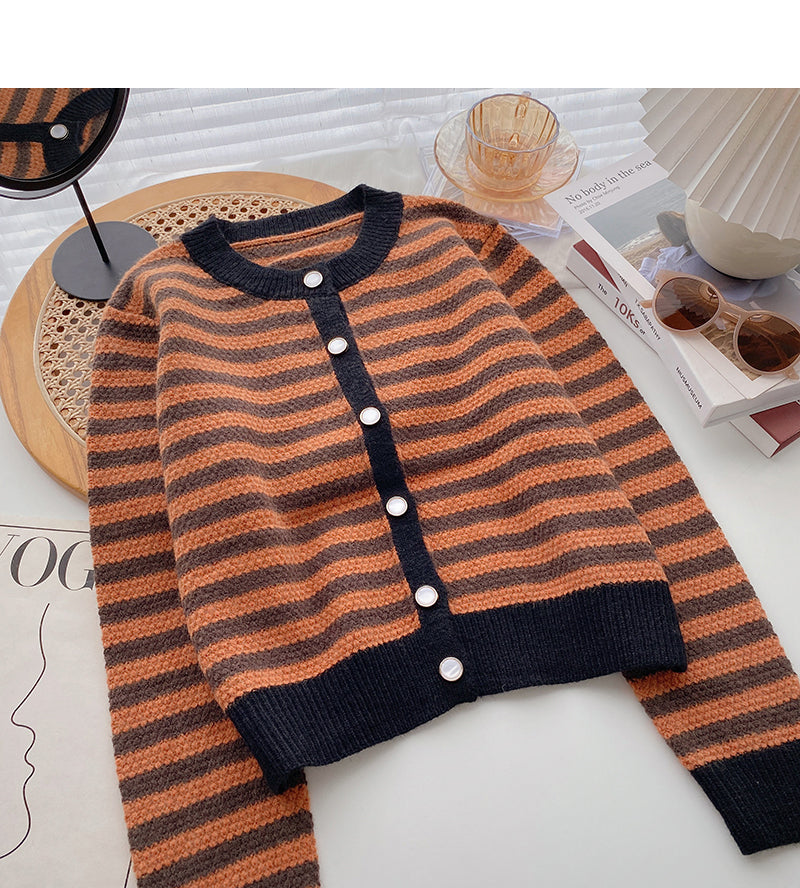 Single breasted crew neck striped sweater coat  5996