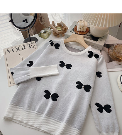Schmetterlings-Jacquard-Langarmpullover mit Rundhalsausschnitt Pullover Top 6686