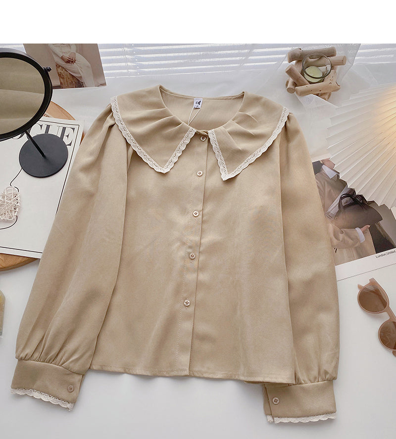 Korean version of exotic age reducing lace doll neck long sleeve versatile top  6353