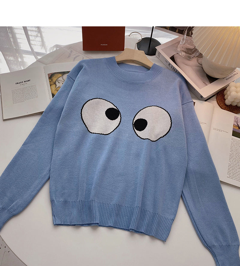 Langärmliger Pullover in alternder Kontrastfarbe mit großen Augen, Top 6459