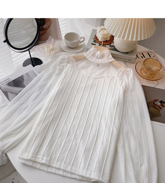 Design sense thickened lace bottomed shirt stand collar top  6361