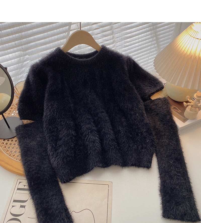 Crew neck Vintage short sleeve sweater versatile sleeve top  6191