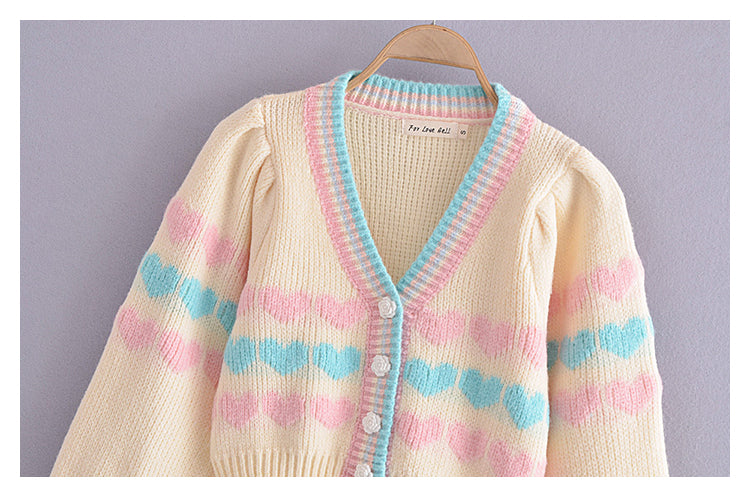 Love printed V-neck bubble sleeve knitted cardigan  7191