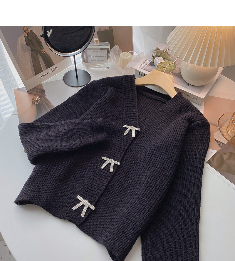 V-Neck Sweater Cardigan women's Korean bow button design top  6176