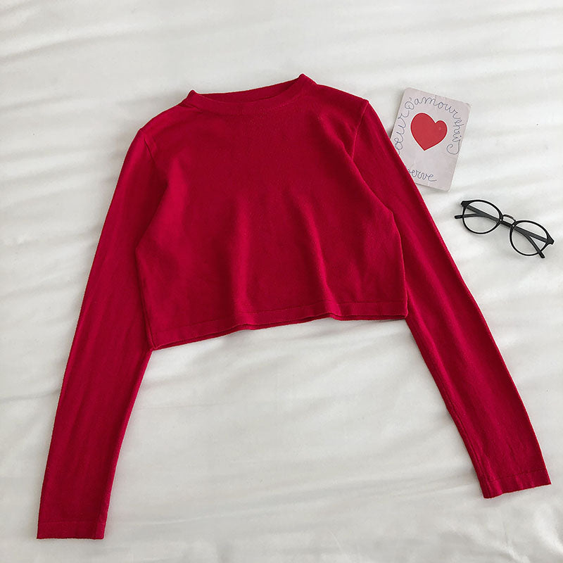 Solid color simple sweater long sleeve Pullover Top  6456