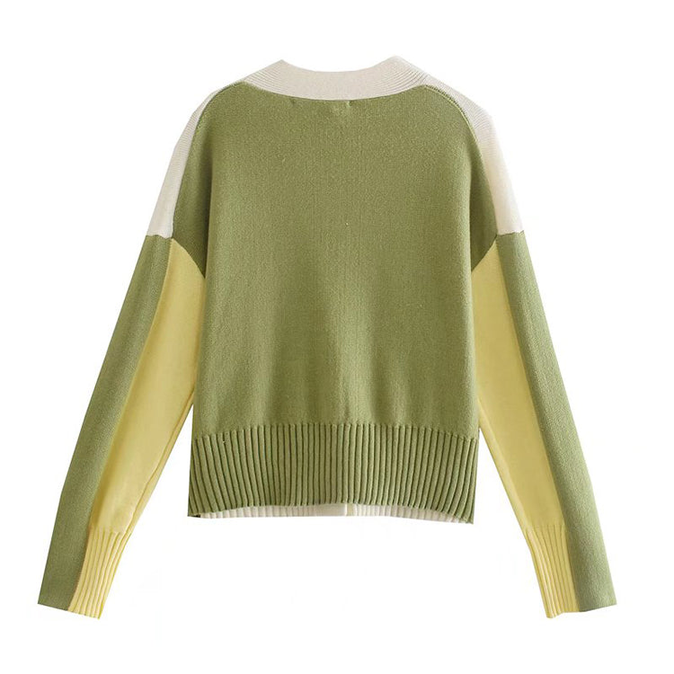 V-neck contrast color design knitted cardigan loose lazy coat sweater  7418