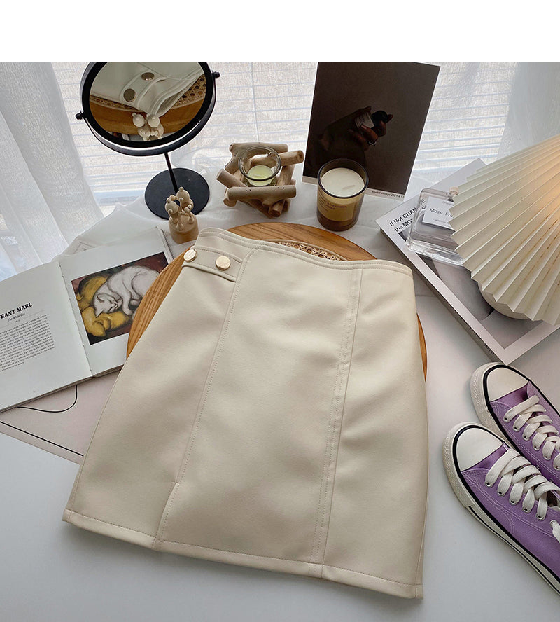 Korean solid color versatile fashion high waist PU leather bag hip skirt  5540