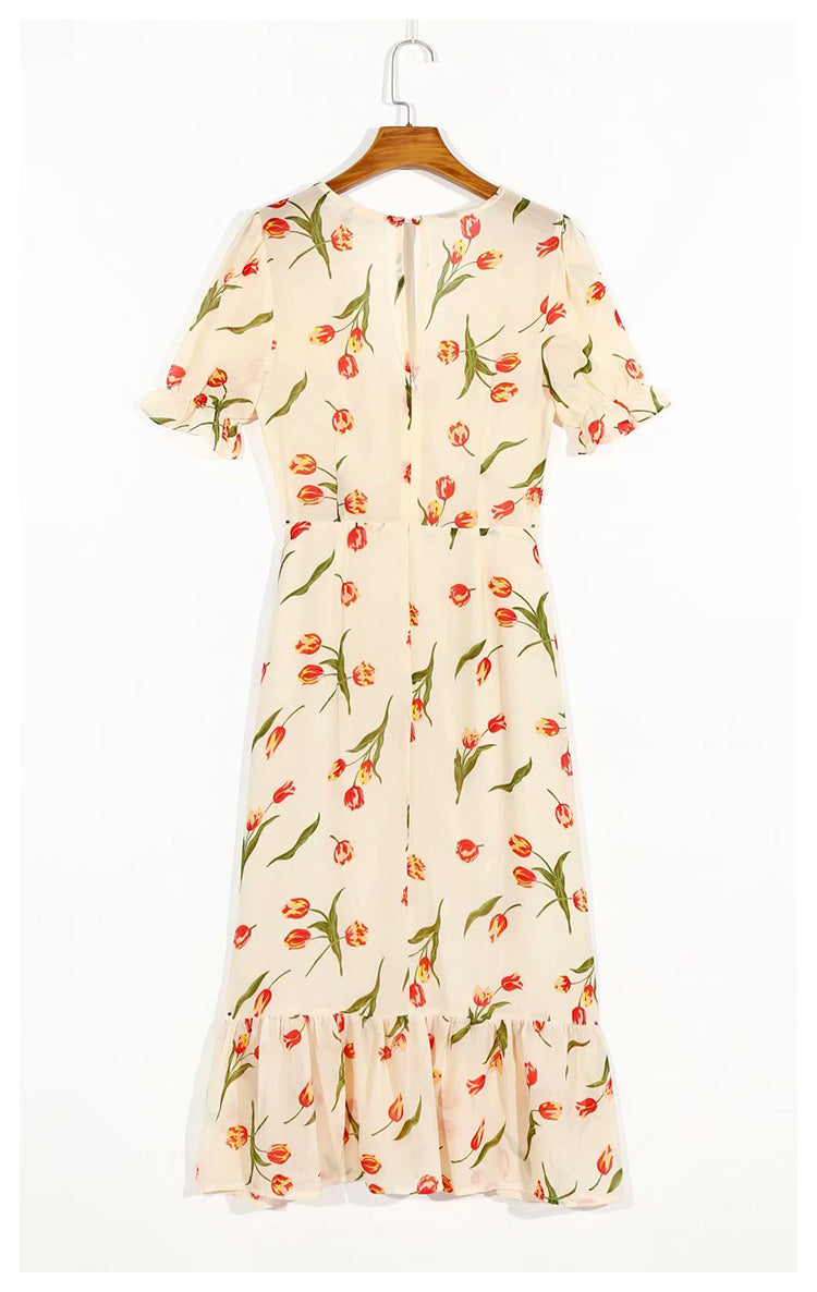 Versatile French printed V-neck split bubble sleeve medium length dress  7048