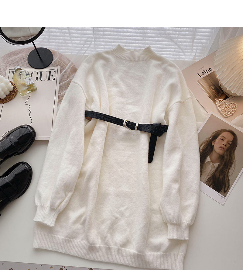 Korean style Hong Kong style retro long sleeve skirt top with belt  5971