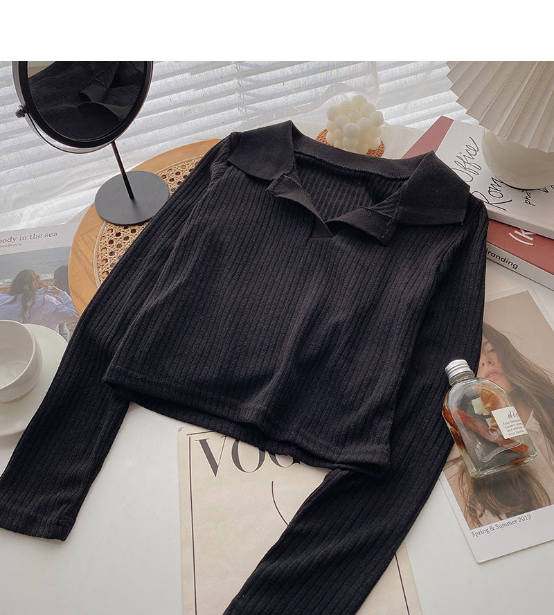Simple casual short Lapel Pullover long sleeve top  6665