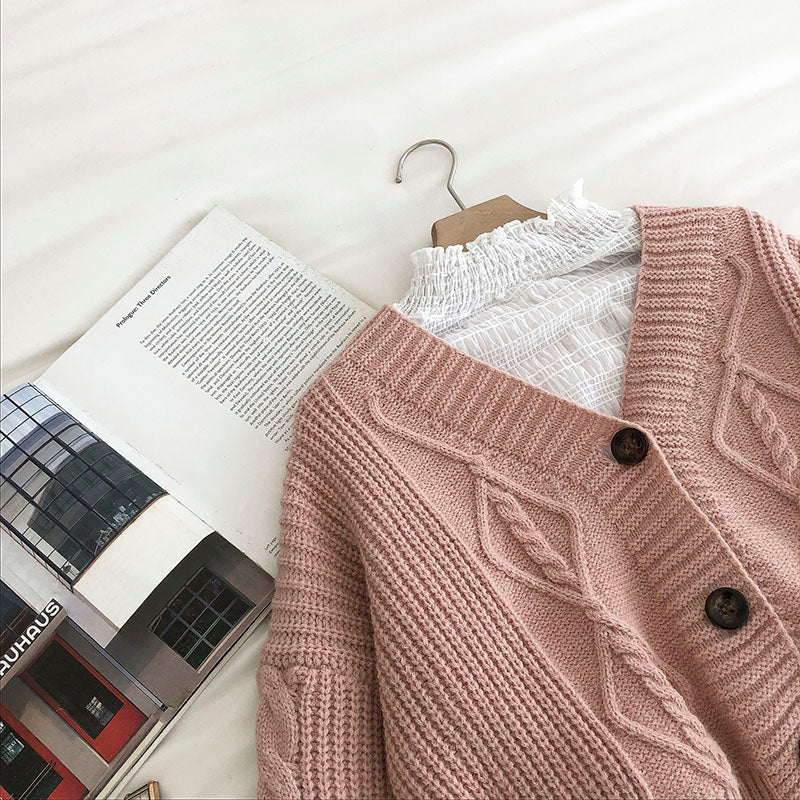 Loose coat women's long sleeve retro three button sweater  5836