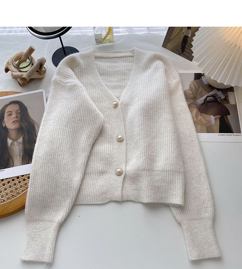 Solid V-Neck long sleeve bright silk sweater coat  6115