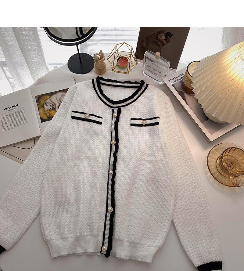 Xiaoxiangfeng color matching round neck sweater cardigan female  6011