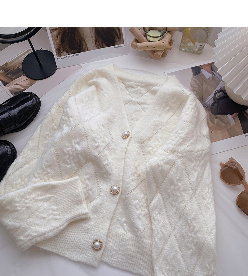 French retro pearl button V-Neck long sleeve top  6125