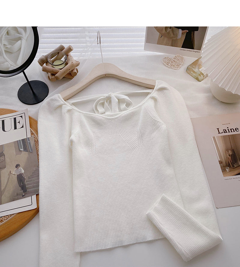 Large round neck leaky clavicle sweater bandage long sleeve top  6611