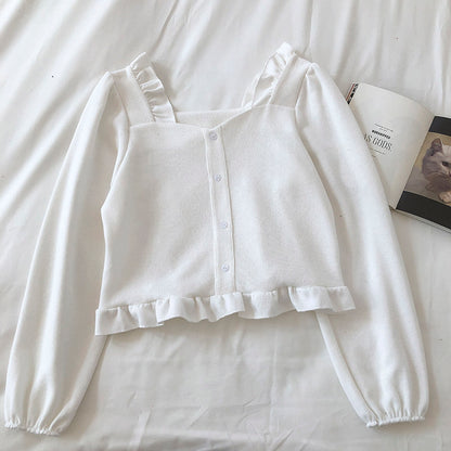 Corduroy Ruffle square collar collarbone short shirt  6246