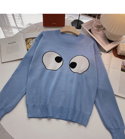 Langärmliger Pullover in alternder Kontrastfarbe mit großen Augen, Top 6564