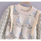 Pull jacquard vintage à manches bouffantes pour femme 7165