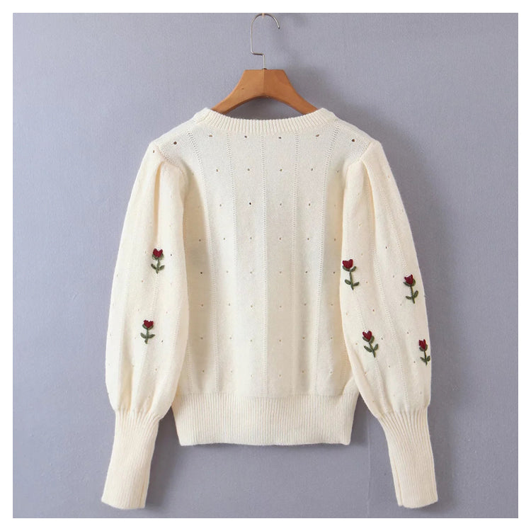 Lazy wind retro Flower Embroidered round neck Pullover Sweater  7328