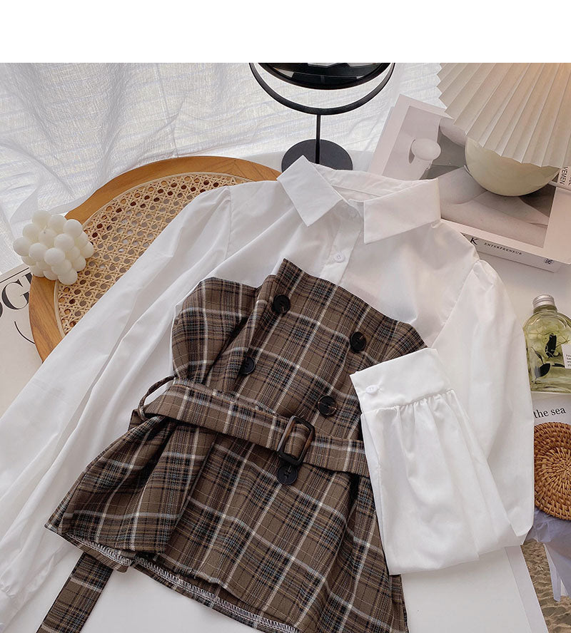 Haut à manches longues avec lacets et ceinture à carreaux vintage 6263