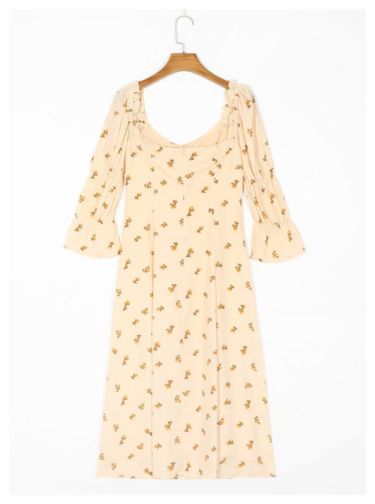 French girl style square neck bow tie lace up bubble sleeve Floral Dress  7044