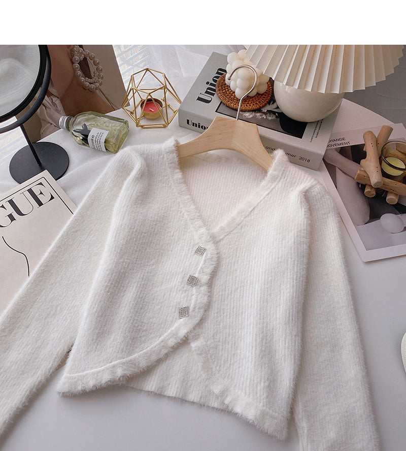 Gentle retro temperament V-neck short slim top cardigan  6153