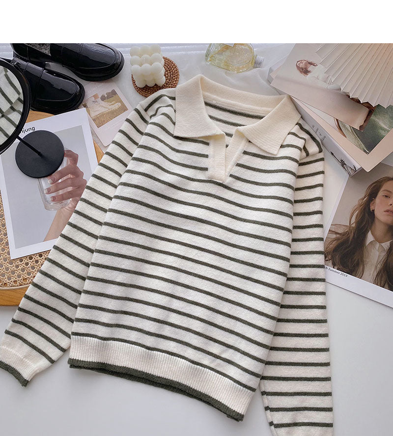 Striped knitted Pullover Sweater lazy temperament thin top  6571