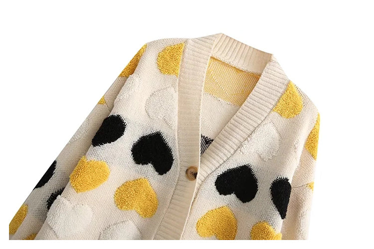 V-neck single breasted love jacquard loose knit cardigan coat  7371