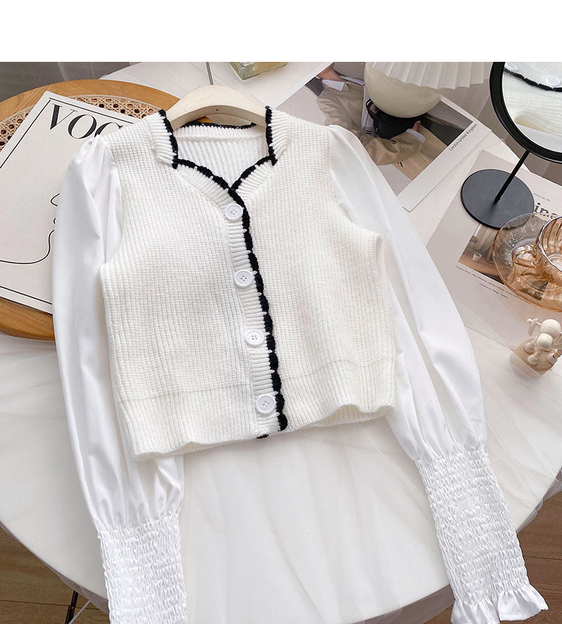 French small square neck stitched long sleeve fake two-piece blouse  6683