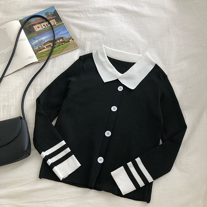 Color contrast Lapel long sleeve sweater Pullover Top  6483