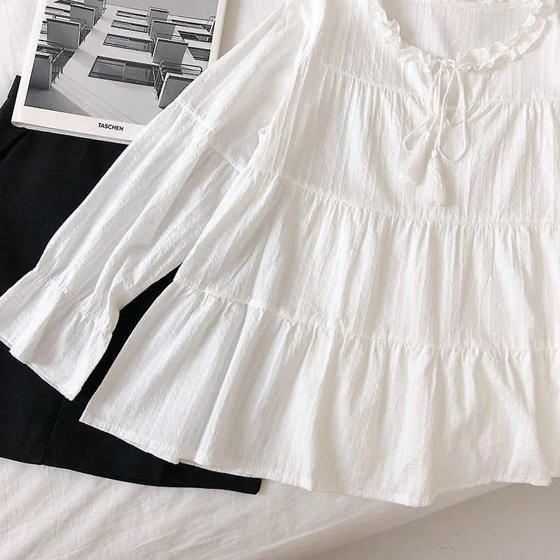 Jacquard cut-out lace up long sleeved shirt with ear edge collar  6230