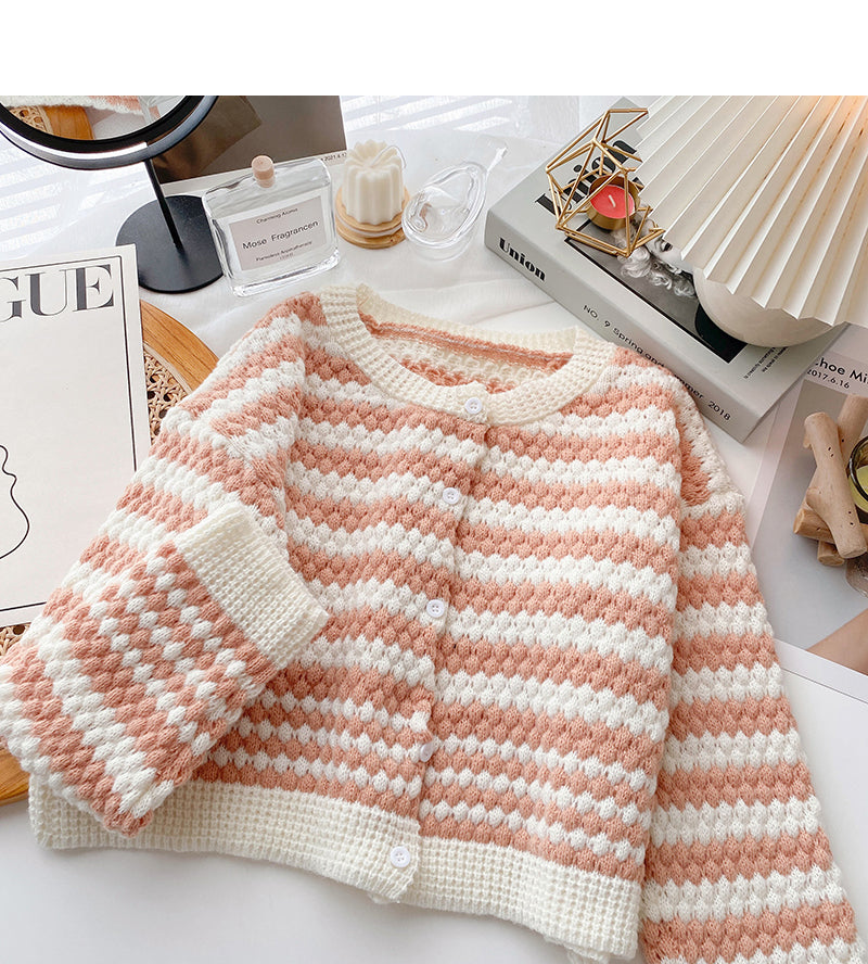 Rundhalspullover Cardigan Damen Streifen Kontrast Langarm 6068