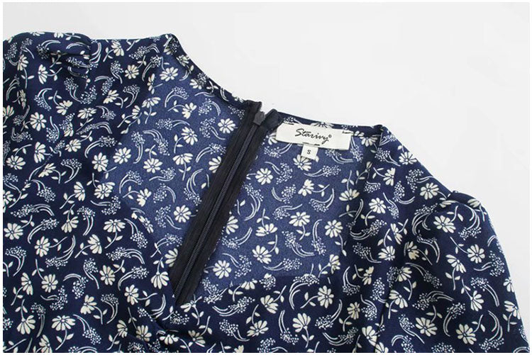 Printed sexy low cut French bubble sleeve dress  7081