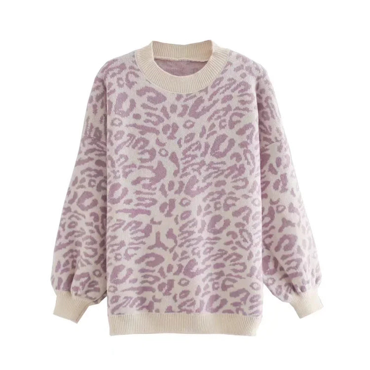 Pull ample à manches longues en jacquard léopard 7464