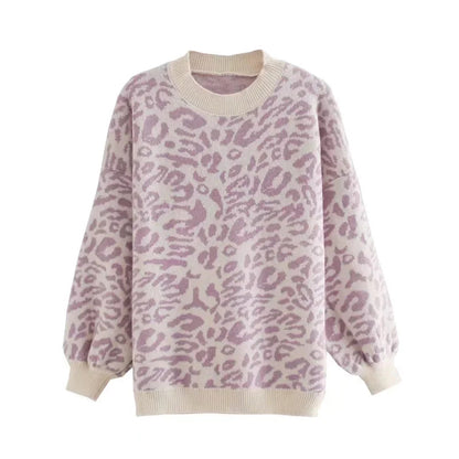 Pull ample à manches longues en jacquard léopard 7464