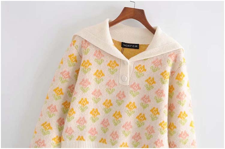 Retro Herbst Mädchen süßes Temperament zweifarbige Blume kurzer Pullover Pullover 7163
